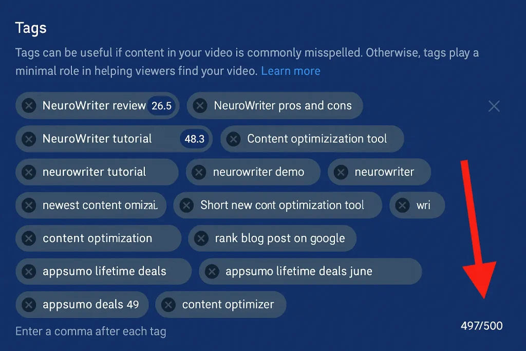 Screenshot showing the YouTube video tags section with multiple keyword tags
