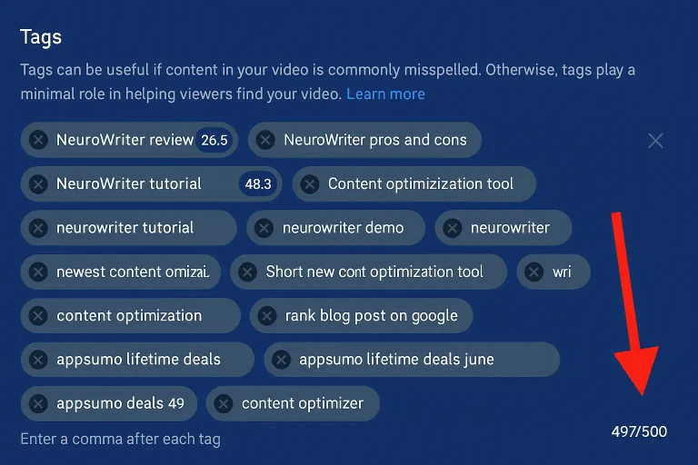 Screenshot showing the YouTube video tags section with multiple keyword tags