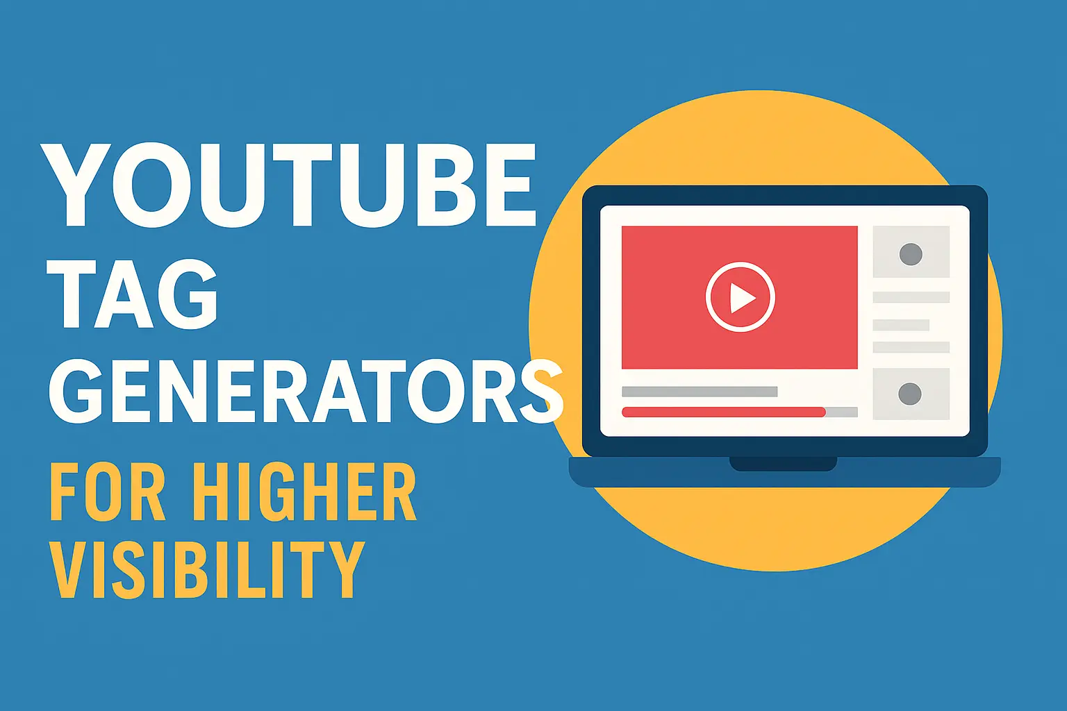 YouTube Tag Generators illustration showing a laptop screen with a YouTube video interface and bold text highlighting video visibility.