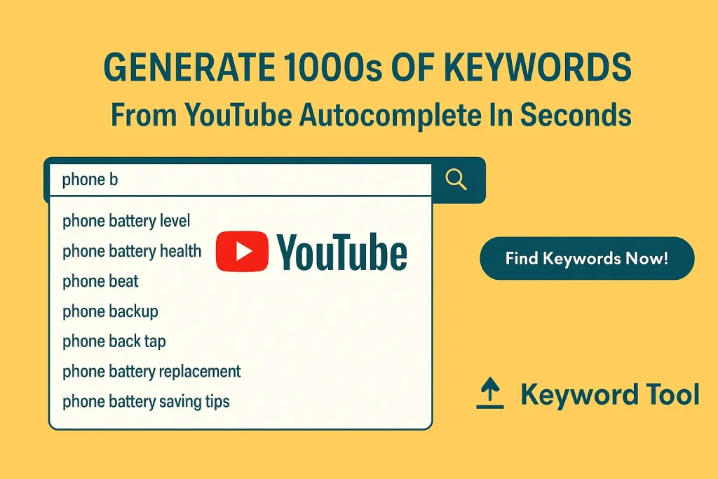 YouTube SEO Tag Generator tool illustration with red YouTube logo and text emphasizing keyword and tag creation for videos.